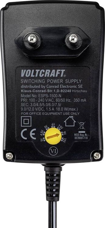 Produktbild: VOLTCRAFT VC-11320905 Steckernetzteil, einstellbar 3 V/DC, 4.5 V/DC, 5 V/DC, 6 V/DC, 7.5 V/DC, 9 V/DC, 12 V/DC 1.5 A 18 W