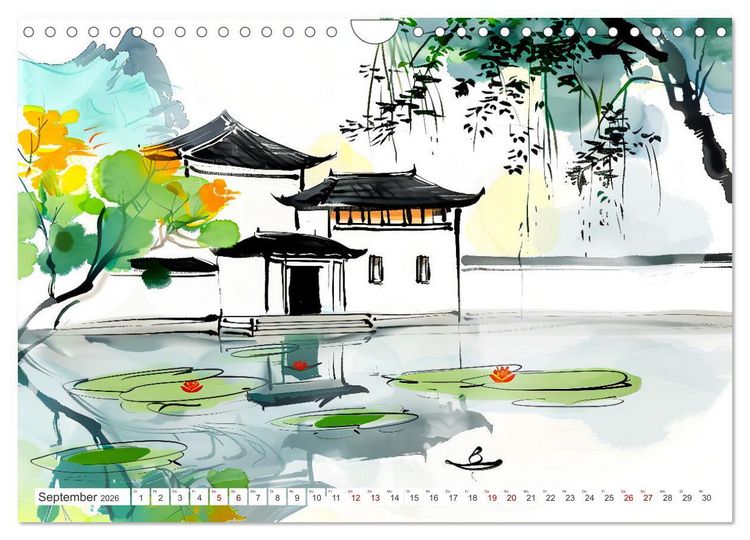 Produktbild: Fernost Impressionen - Tempel und Landschaften in KI-Tuschekunst (Wandkalender 2026 DIN A4 quer), CALVENDO Monatskalender