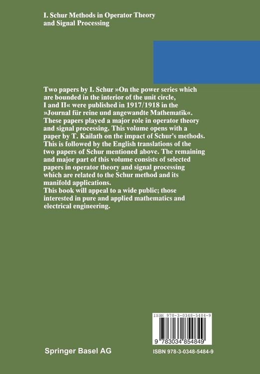 Produktbild: I. Schur Methods in Operator Theory and Signal Processing