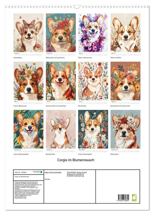 Produktbild: Corgis im Blumenrausch (Wandkalender 2027 DIN A2 hoch), CALVENDO Monatskalender