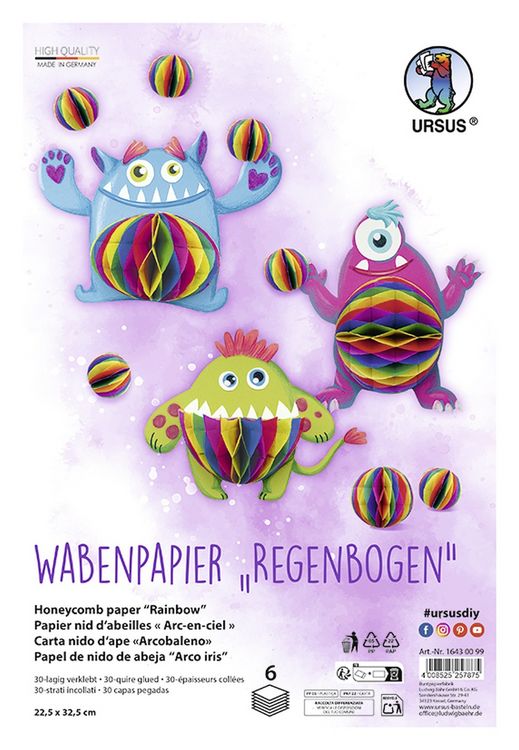 Produktbild: URSUS Basispapiere Wabenpapier Regenbogen, 22,5 x 32,5 cm. 6 Blatt