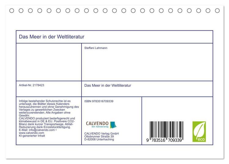 Produktbild: Das Meer in der Weltliteratur (Tischkalender 2026 DIN A5 quer), CALVENDO Monatskalender