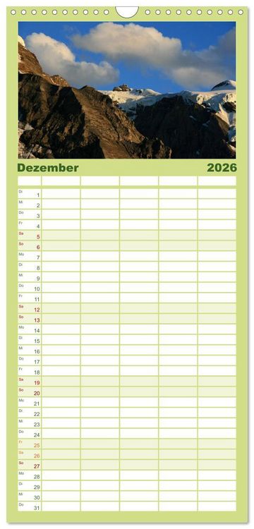 Produktbild: Familienplaner 2026 - Zauber der Berge. Die Schweizer Alpen mit 5 Spalten (Wandkalender, 21 x 45 cm) CALVENDO
