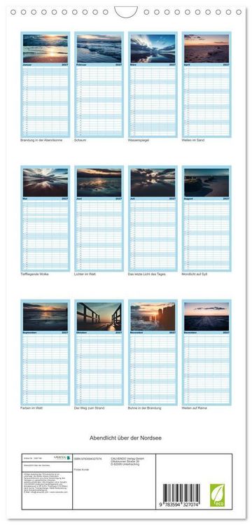 Produktbild: Familienplaner 2027 - Abendlicht &uuml;ber der Nordsee mit 5 Spalten (Wandkalender, 21 x 45 cm) CALVENDO