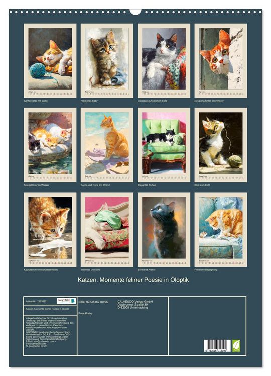 Produktbild: Katzen. Momente feliner Poesie in &Ouml;loptik (Wandkalender 2026 DIN A2 hoch), CALVENDO Monatskalender