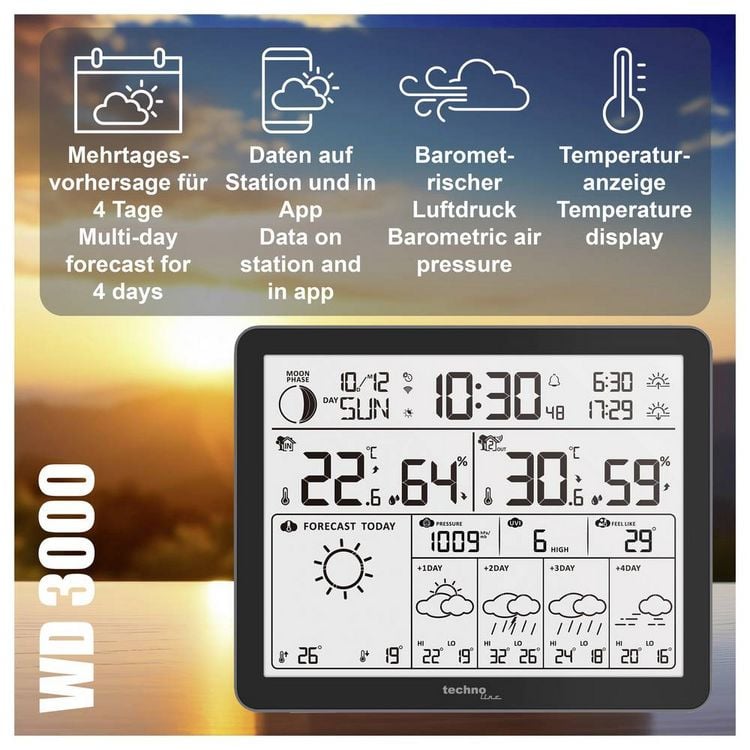 Produktbild: Techno Line WD3000 WD3000 Wetterstation WLAN-Wetterstation Vorhersage f&uuml;r 4 Tage Anzahl Sensoren max. 1