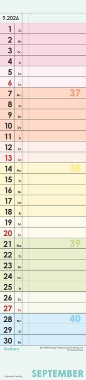 Produktbild: Planer Farbenfroh 2026 - Streifen-Kalender 11,3x49x5 cm - Küchenkalender - Wandplaner - Alpha Edition