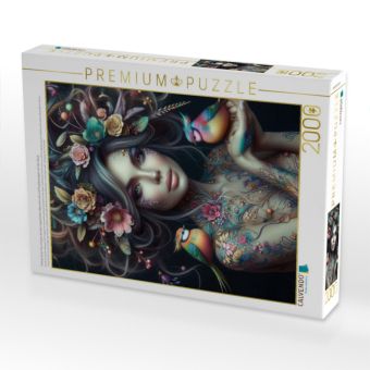 Produktbild: CALVENDO Puzzle Portrait einer Frau mit grau bunten organischen Haarschmuck und Paradiesv&ouml;geln auf der Hand | 2000 Teile Lege-Gr&ouml;&szlig;e 90x67cm Foto-Puzzl