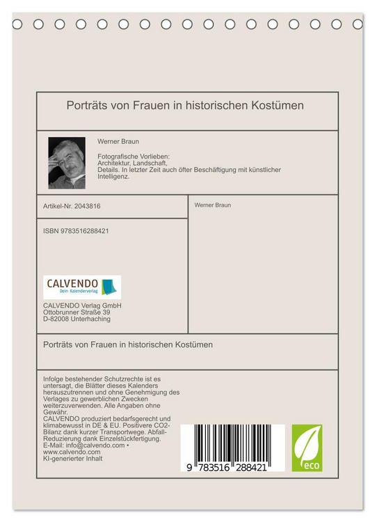 Produktbild: Portr&auml;ts von Frauen in historischen Kost&uuml;men (Tischkalender 2026 DIN A5 hoch), CALVENDO Monatskalender