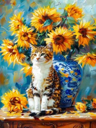 Produktbild: CALVENDO Puzzle Katze im Stillleben mit Sonnenblumen in Blumenvase im impressionistischen Stil | 1000 Teile Lege-Gr&ouml;&szlig;e 64x48cm Foto-Puzzle f&uuml;r gl&uuml;ckliche Stunden