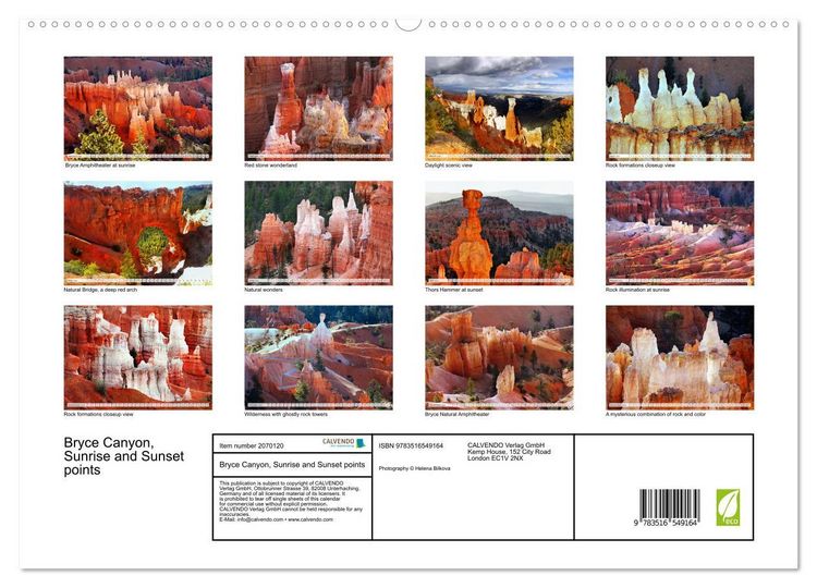 Produktbild: Bryce Canyon, Sunrise and Sunset points (High Quality Premium Wall Calendar 2026 DIN A2 landscape),CALVENDO 12 Month Wall Calendar