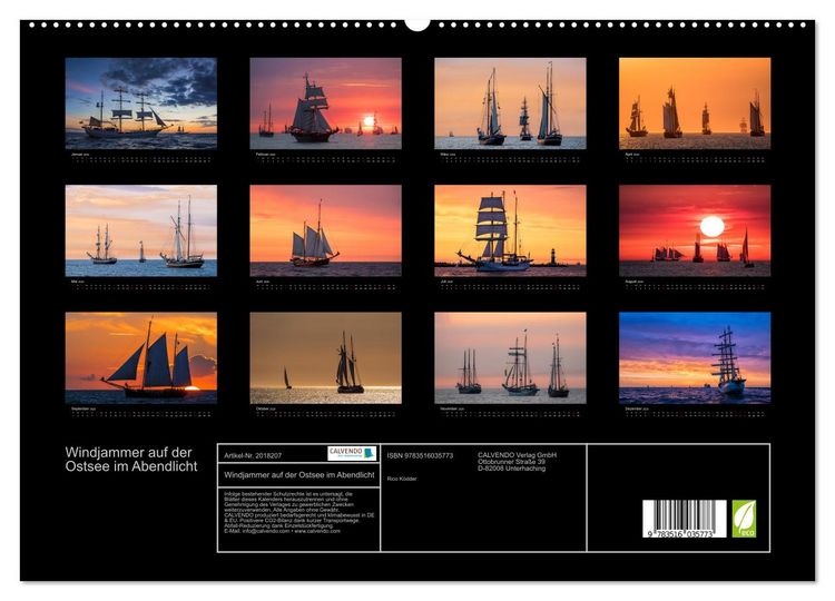Produktbild: Windjammer auf der Ostsee im Abendlicht (hochwertiger Premium Wandkalender 2026 DIN A2 quer), Kunstdruck in Hochglanz