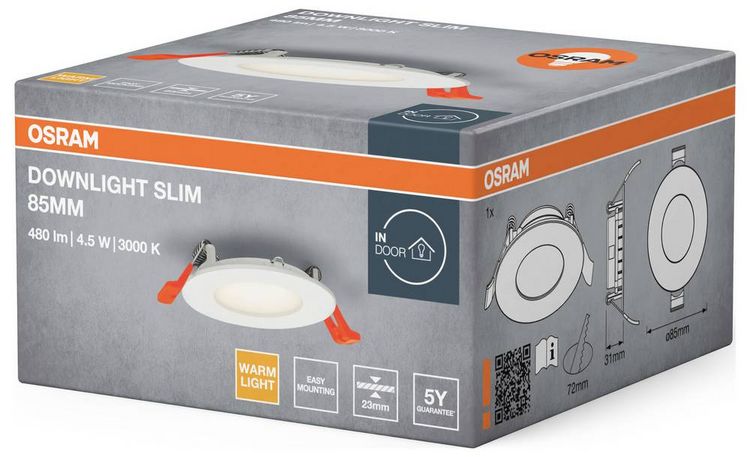 Produktbild: OSRAM HOMELIGHTING 4099854444708 Downlight Slim 85mm 4.5W 3000K LED-Deckenleuchte 4.50 W Wei&szlig;