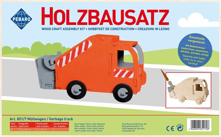 Produktbild: PEBARO 851/7 - Holzbausatz M&uuml;llwagen, 21 Teile, Holzkonstruktion zum Zusammenstecken
