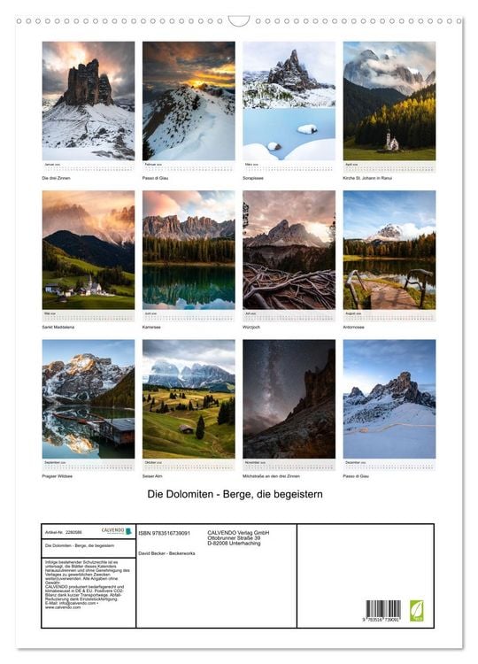 Produktbild: Die Dolomiten - Berge, die begeistern (Wandkalender 2026 DIN A2 hoch), CALVENDO Monatskalender