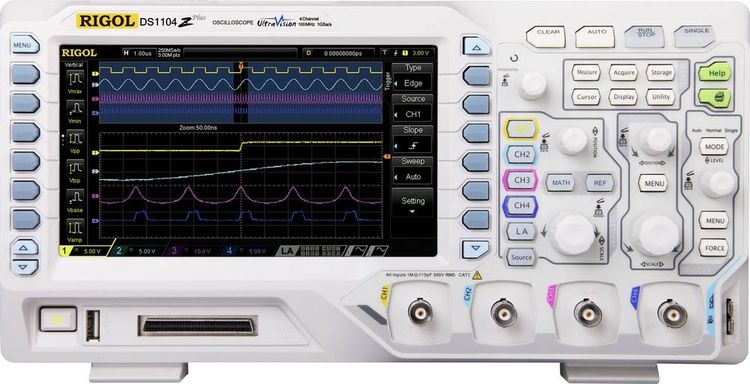Produktbild: Digital-Oszilloskop Rigol DS1104Z Plus 100 MHz 4-Kanal 1 GSa/s 6 Mpts 8 Bit Digital-Speicher (DSO)
