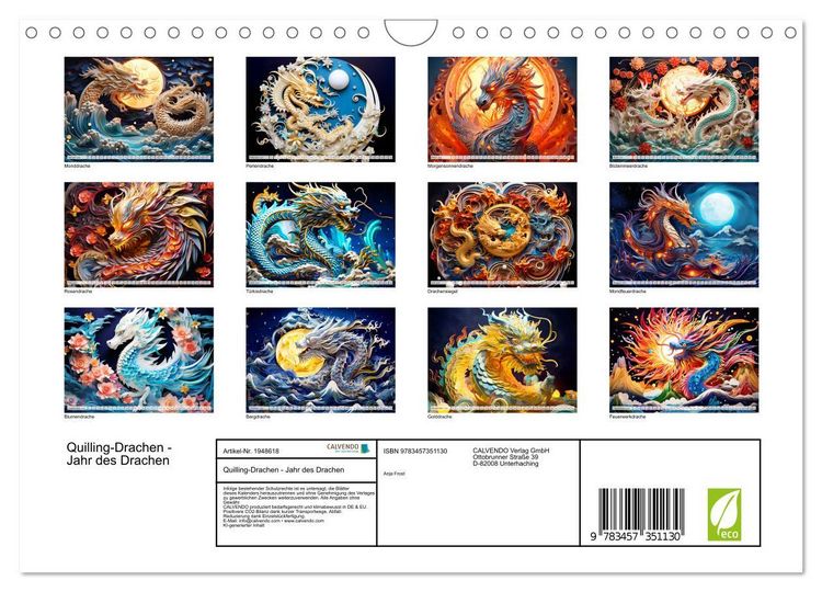 Produktbild: Quilling-Drachen - Jahr des Drachen (Wandkalender 2026 DIN A4 quer), CALVENDO Monatskalender