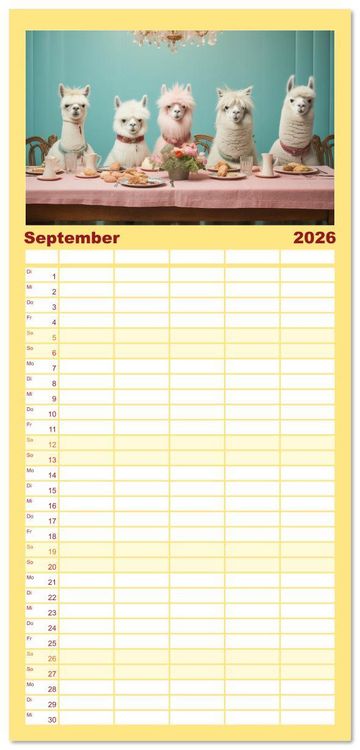 Produktbild: Familienplaner 2026 - Die Welt der Alpakas mit 5 Spalten (Wandkalender, 21 x 45 cm) CALVENDO