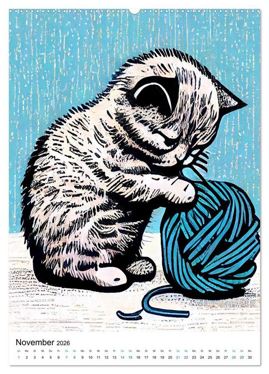 Produktbild: Katzen Linolschnitt - Der Kalender mit kunstvollen Portr&auml;ts der Samtpfoten (hochwertiger Premium Wandkalender 2026 DIN A2 hoch), Kunstdruck in Hochglanz