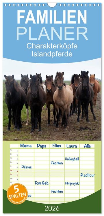 Produktbild: Familienplaner 2026 - Charakterk&ouml;pfe Islandpferde mit 5 Spalten (Wandkalender, 21 x 45 cm) CALVENDO