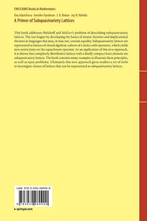 Produktbild: A Primer of Subquasivariety Lattices