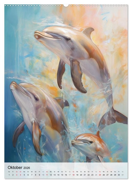 Produktbild: Zauberhafte Delfine. Aquarelle von Spiel und Spa&szlig; in den Wellen (hochwertiger Premium Wandkalender 2026 DIN A2 hoch), Kunstdruck in Hochglanz