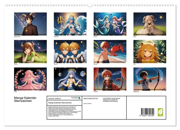 Produktbild: Manga Kalender Sternzeichen (hochwertiger Premium Wandkalender 2026 DIN A2 quer), Kunstdruck in Hochglanz