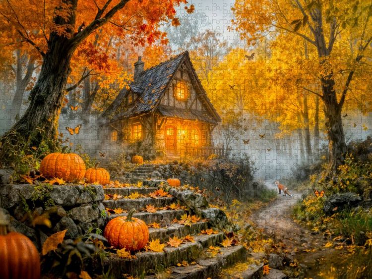 Produktbild: CALVENDO Puzzle Herbst Cottage im bunten Wald mit K&uuml;rbis und Fuchs | 1000 Teile Lege-Gr&ouml;&szlig;e 64x48cm Foto-Puzzle f&uuml;r gl&uuml;ckliche Stunden