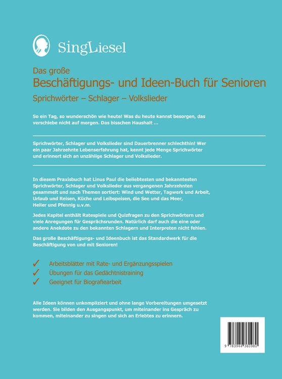 Produktbild: Das gro&szlig;e Besch&auml;ftigungsbuch f&uuml;r Senioren. Auch mit Demenz. Sprichw&ouml;rter - Schlager - Volkslieder. Die besten Besch&auml;ftigungen und Ideen f&uuml;r Senioren. Mit Kopiervorlagen