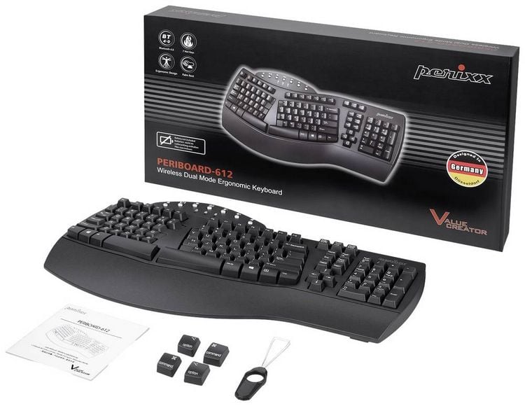 Produktbild: Perixx PERIBOARD-612BDE Bluetooth&reg; Tastatur Deutsch, QWERTZ Schwarz Ergonomisch, Handballenauflage, Multimediatasten