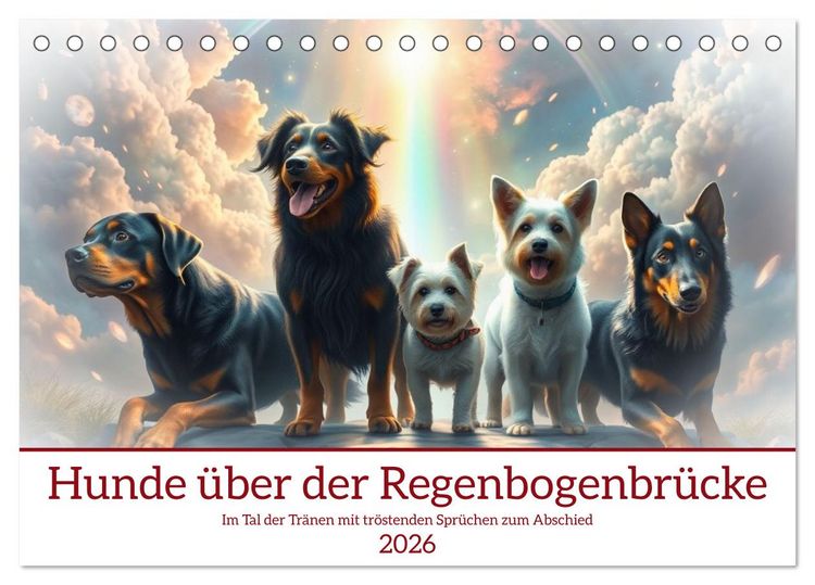 Produktbild: Hunde &uuml;ber der Regenbogenbr&uuml;cke (Tischkalender 2026 DIN A5 quer), CALVENDO Monatskalender