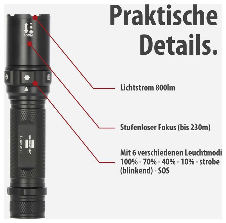 Produktbild: Brennenstuhl LuxPremium LED Taschenlampe &uuml;ber USB 800lm 42h 0.26kg