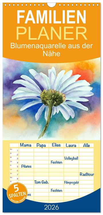 Produktbild: Familienplaner 2026 - Blumenaquarelle aus der N&auml;he mit 5 Spalten (Wandkalender, 21 x 45 cm) CALVENDO