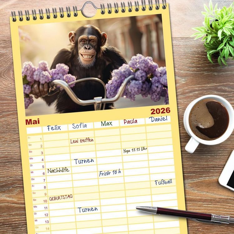Produktbild: Familienplaner 2026 - Schimpansen - Ein Jahr mit Menschenaffen. mit 5 Spalten (Wandkalender, 21 x 45 cm) CALVENDO