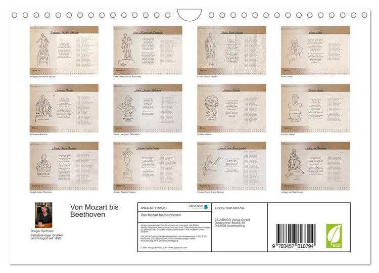 Produktbild: Von Mozart bis Beethoven (Wandkalender 2026 DIN A4 quer), CALVENDO Monatskalender