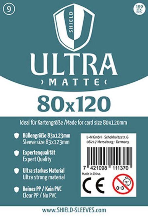 Produktbild: Shield Sleeves 1027386 - Shield Ultra Matte 9, 100 Super Sleeves f&uuml;r Kartengr&ouml;&szlig;e 80 x 120 mm, Spielkarten-Schutzh&uuml;llen