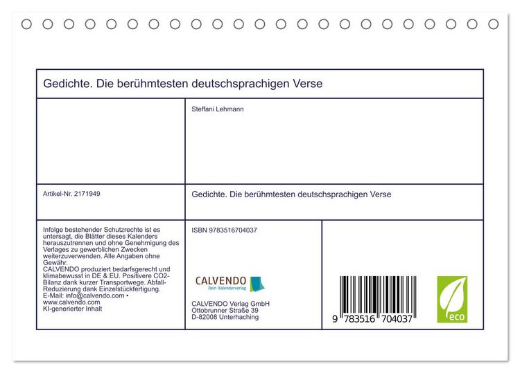 Produktbild: Gedichte. Die ber&uuml;hmtesten deutschsprachigen Verse (Tischkalender 2026 DIN A5 quer), CALVENDO Monatskalender