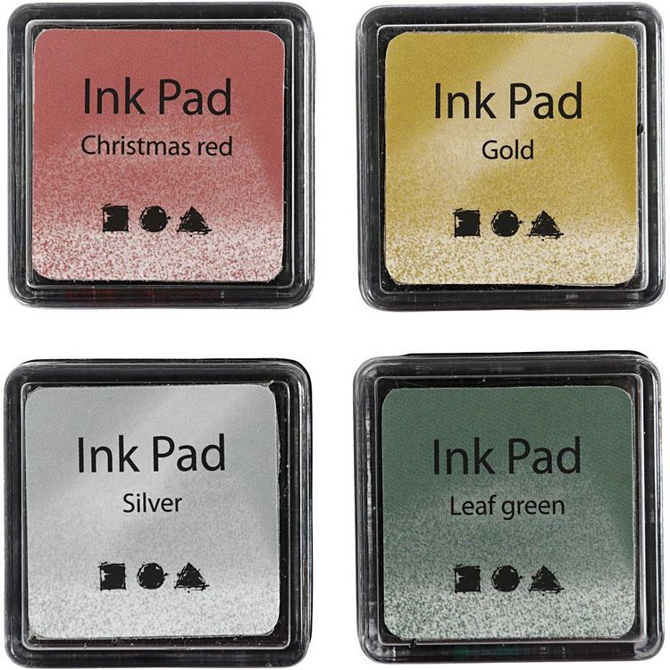 Produktbild: Creativ Company Stempelkissen, H 2 cm, Gr&ouml;&szlig;e 3,5x3,5 cm, Gold, Lindgr&uuml;n, Weihnachtsrot, Silber, 4 Stk