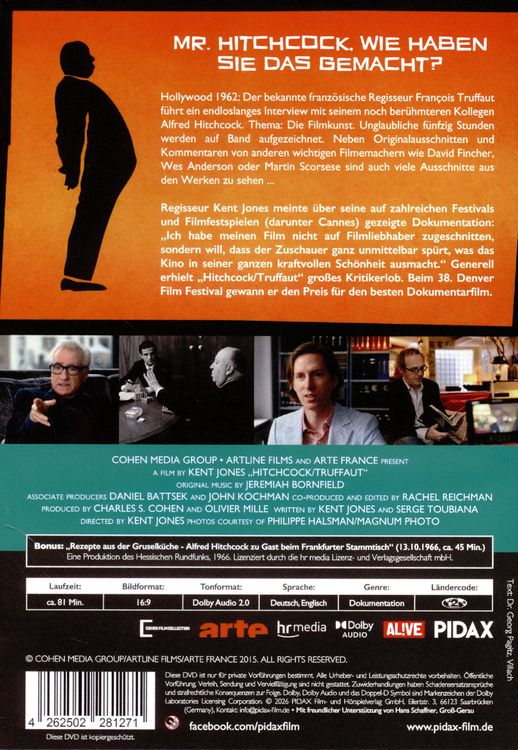 Produktbild: Hitchcock/Truffaut / Die preisgekr&ouml;nte Dokumentation &uuml;ber den &bdquo;Meister der Spannung&ldquo; Alfred Hitchcock (Pidax Doku-Highlights)