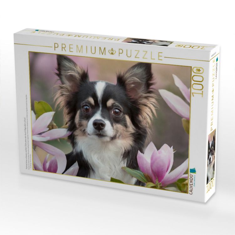 Produktbild: CALVENDO Puzzle Portrait eines schwarz-wei&szlig;en Chihuahua der durch Magnolien schaut | 1000 Teile Lege-Gr&ouml;&szlig;e 64x48cm Foto-Puzzle f&uuml;r gl&uuml;ckliche Stunden