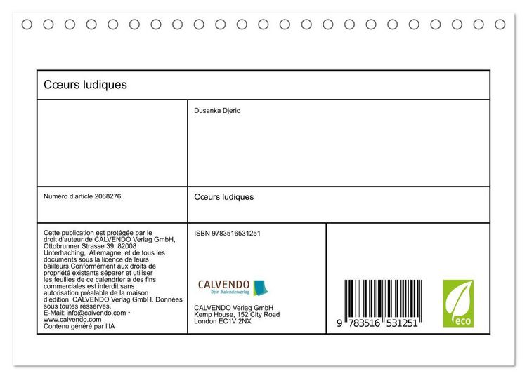 Produktbild: C&oelig;urs ludiques (Calendrier de bureau 2026 DIN A5 vertical), CALVENDO calendrier mensuel