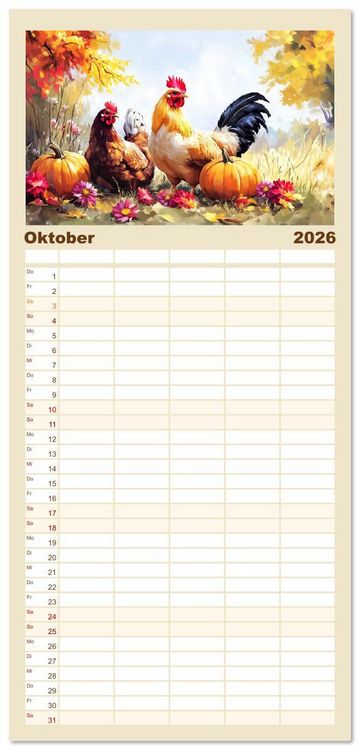 Produktbild: Familienplaner 2026 - Im Glanz der Federn. Sch&ouml;ne H&uuml;hner in malerischer Harmonie mit 5 Spalten (Wandkalender, 21 x 45 cm) CALVENDO
