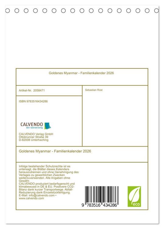 Produktbild: Goldenes Myanmar - Familienkalender 2026 (Tischkalender 2026 DIN A5 hoch), CALVENDO Monatskalender