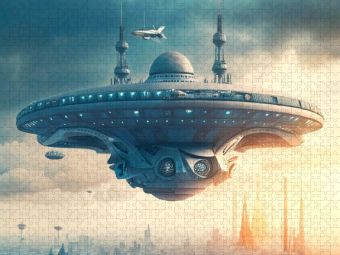 Produktbild: CALVENDO Puzzle Ein Raumschiff schwebt &uuml;ber einer Gro&szlig;stadt | 1000 Teile Lege-Gr&ouml;&szlig;e 64x48cm Foto-Puzzle f&uuml;r gl&uuml;ckliche Stunden
