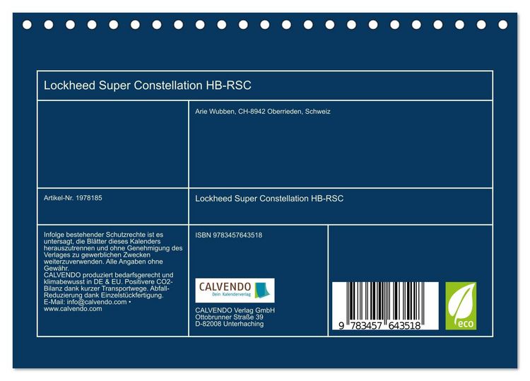 Produktbild: Lockheed Super Constellation HB-RSC (Tischkalender 2026 DIN A5 quer), CALVENDO Monatskalender