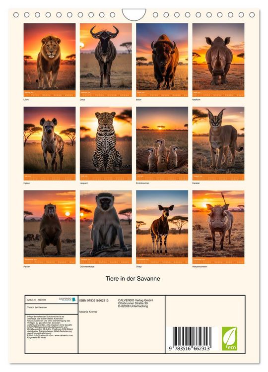 Produktbild: Tiere in der Savanne (Wandkalender 2026 DIN A4 hoch), CALVENDO Monatskalender