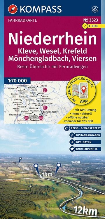Produktbild: KOMPASS Fahrradkarte 3323 Niederrhein, Kleve, Wesel, Krefeld, M&ouml;nchengladbach, Viersen mit Knotenpunkten 1:70.000