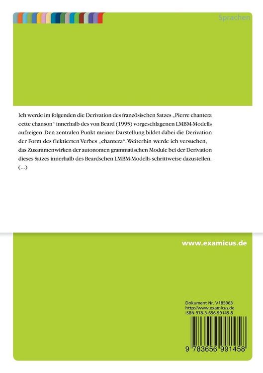 Produktbild: Beispiel einer flexionalen Derivation im Rahmen des Beardschen Modells einer "Lexeme-Morphem-Base-Morphology" (LMBM)