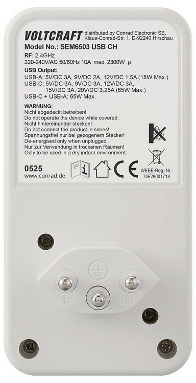 Produktbild: VOLTCRAFT SEM6503 CH Energiekosten-Messger&auml;t USB-Schnittstelle, inkl. Funksteckdose, Datenexport, Datenloggerfunktion