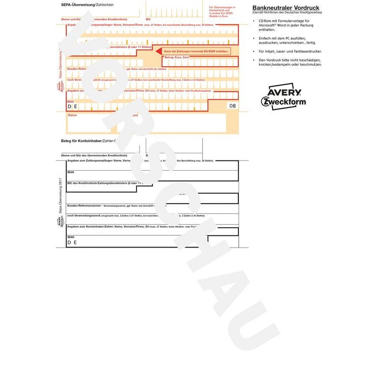 Produktbild: AVERY Zweckform SEPA &Uuml;berweisung PC-Druckerformular inkl. Software DIN A4 100 Blatt